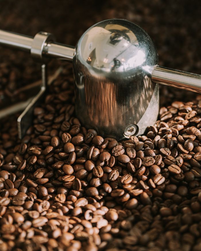 Detailed image of freshly roasted coffee beans with a reflective metallic tool, highlighting rich textures.