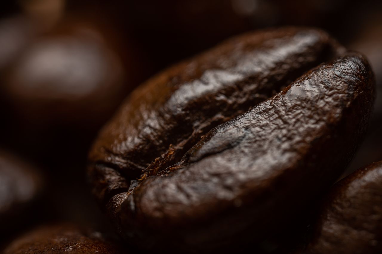 About Detailed macro shot highlighting the texture of a roasted coffee bean.